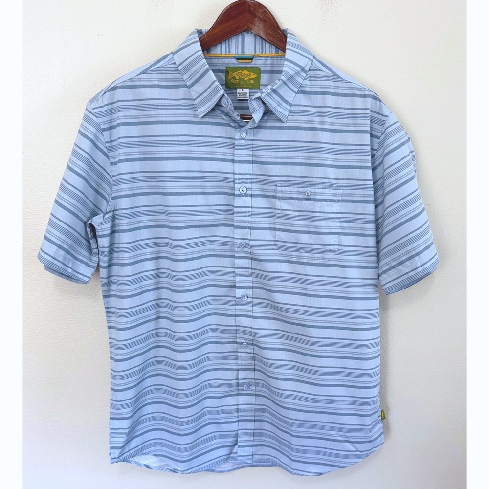 Marsh Wear Ride the Tide Men's Blue Striped Short Sleeve Button Down Shirt Sz L